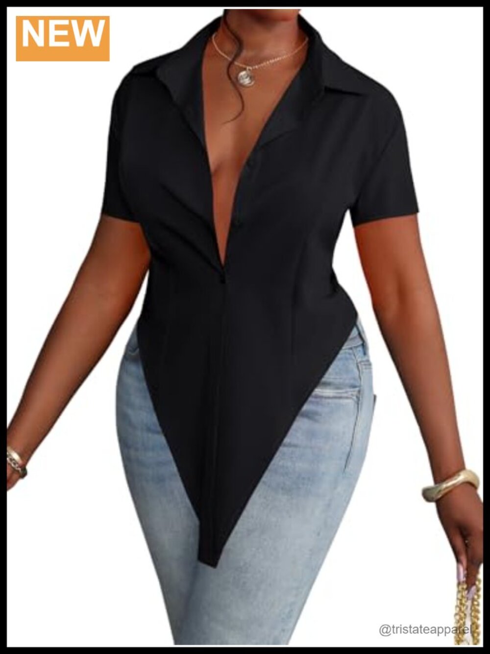 Women's Collar V Neck Button Down Tunic Top Short Sleeve Asymmetrical Hem